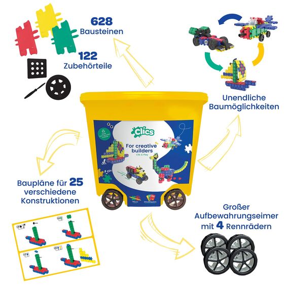 Clics Konstruktionsspielzeug für Kinder ab 3 Jahre, kreatives Lernspielzeug im 750 Teile Set, Bausteine für Mädchen und Jungen, Montessori STEM-Spielzeug, Langlebige Spielzeug aus recyceltem Material