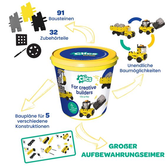 Clics Builders Edition- Konstruktionsspielzeug für Kinder ab 3 Jahre, kreatives Lernspielzeug im 123 Teile Set, Bausteine für Mädchen und Jungen, Montessori STEM-Spielzeug, Langlebige Spielzeug