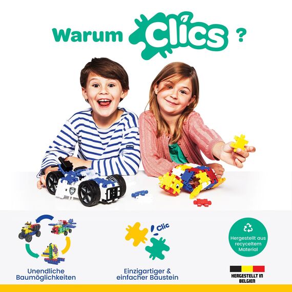 Clics Konstruktionsspielzeug für Kinder ab 3 Jahre, kreatives Lernspielzeug im 69 Teile Set, Bausteine für Mädchen und Jungen, Montessori STEM-Spielzeug, Langlebige Spielzeug aus recyceltem Material