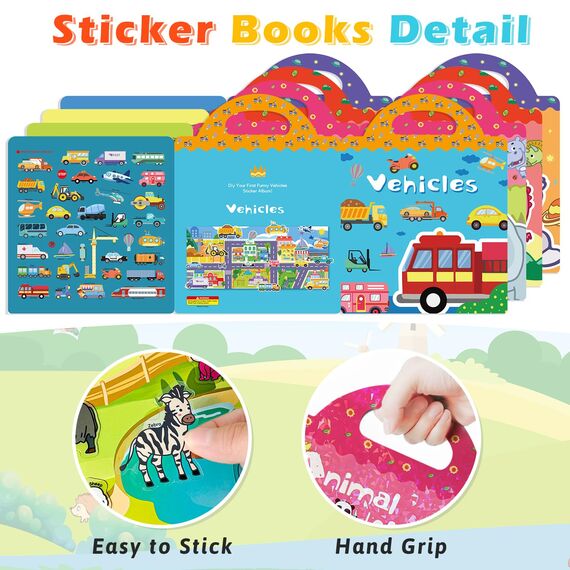 GUYUCOM Sticker Set 4 Stück - Wiederverwendbares Stickerbuch für Mädchen ab 2 Jahre, 3D Aufkleber Themen Enthält Dinosaurier, Tiere, Fahrzeuge und Raum, Kinder Geschenk Spielzeug für 2 3 4 5 6 jahre