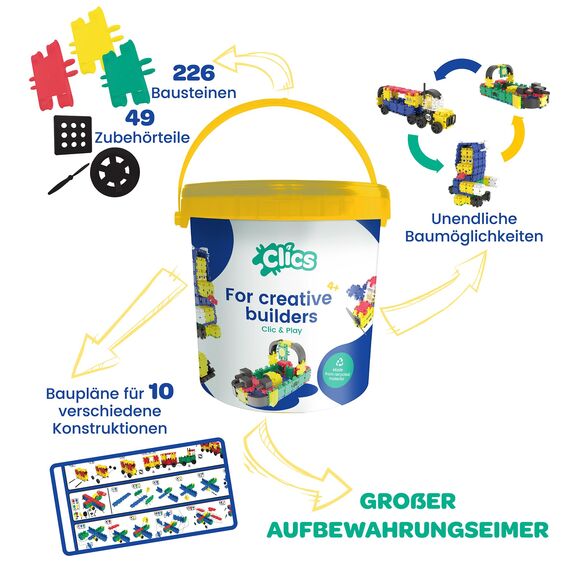 CLICS Konstruktionsspielzeug für Kinder ab 3 Jahre, kreatives Lernspielzeug im 275 Teile Set, Bausteine für Mädchen und Jungen, Montessori STEM-Spielzeug, Eimer 10 in 1,