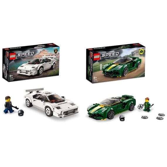 LEGO 76908 Speed Champions Lamborghini Countach Bausatz für Modellauto & 76907 Speed Champions Lotus Evija Bausatz für Modellauto, Spielzeug-Auto, Rennwagen für Kinder, 2022 Kollektion
