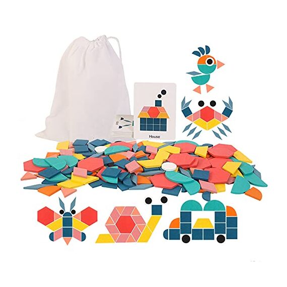 EACHHAHA Tangram Geometrische Formen Holz Puzzle - Kinder Puzzle mit Holz klötzen, EIN frühes Montessori-Puzzle mit 180 geometrischen Formen und 24 Designkarten