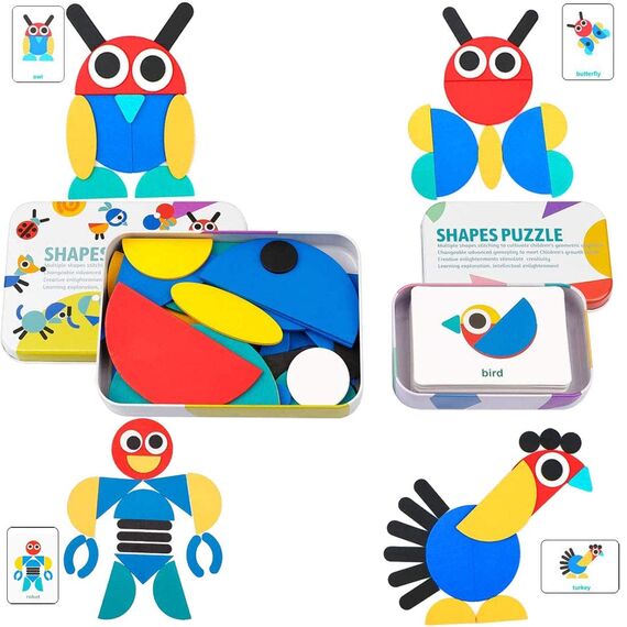 EACHHAHA Holzpuzzles ab 3 Jahr, Montessori Spielzeug für Kinder ab 3 Jahren, Geometrische Formen Lernspielzeug mit 60 Designkarten und 36 Puzzleteile, Geschenke für Jungen und Mädchen
