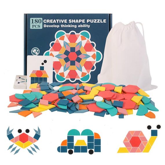 EACHHAHA Tangram Geometrische Formen Holz Puzzle - Kinder Puzzle mit Holz klötzen, EIN frühes Montessori-Puzzle mit 180 geometrischen Formen und 24 Designkarten