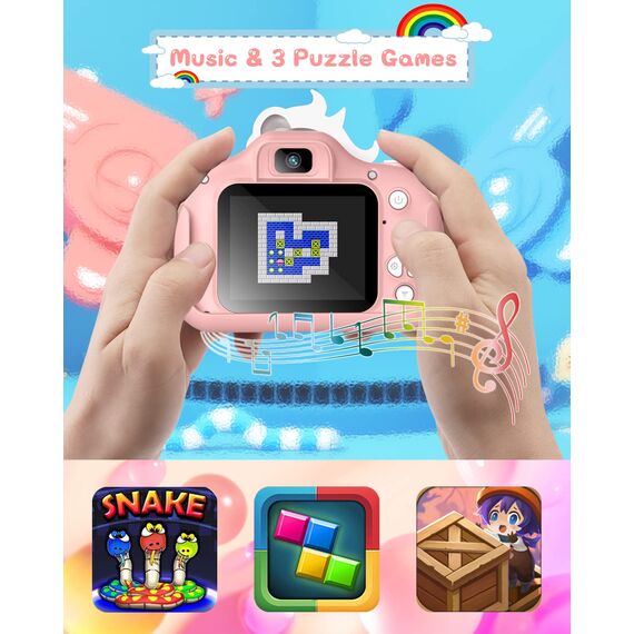 Kinderkamera, Gofunly Kinder Kamera 1080P 2,0-Zoll-Bildschirm Selfie Digitalkamera mit 32GB-Karte für 3-12 Jahre Jungen Mädchen Geburtstagsgeschenk Weihnachten Spielzeug Rosa-Weißes Pferd