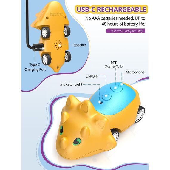 Inspireyes Dinosaurier Walkie Talkie Kinder Aufladbar, Ostergeschenke Kinder für ab 3 Jahren, drinnen & draußen, Geschenk für Kinder zu Geburtstag, Weihnachten, 2er-Set
