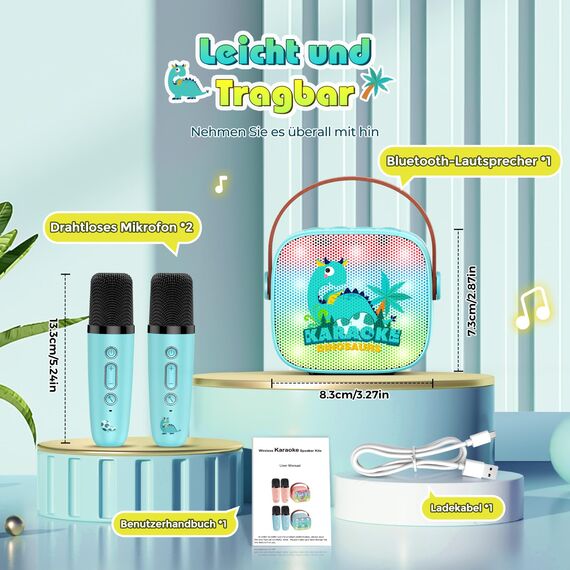 Dislocati Geschenk Junge 3-12 Jahre, Karaoke Maschine mit 2 Bluetooth Kindermikrofon Spielzeug ab 3-12 Jahre Junge Bluetooth Mikrofon Karaoke Oster Geschenke für Kinder Dinosaurier Spielzeug