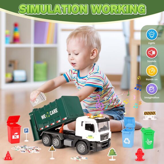 BunnyJOY Müllauto Spielzeug ab 3 4 5 6 Jahre Kinder Junge Mädchen, Spielzeug Müllwagen mit Mülltonnen, Licht & Sound, Große Fahrzeuge, Friktionsspielzeug, Lernspielzeug&Geschenk, Grün