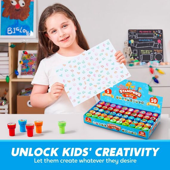 JOYIN 50 Stück mini Stempel Kinder ab 3 Jahre,Selbstfärbende Stempel Tiere Set mit 5 Farben,50 Tieres, Kleine Geschenke für Kinder, Adventskalender Mitgebsel Kindergeburtstag Gastgeschenke