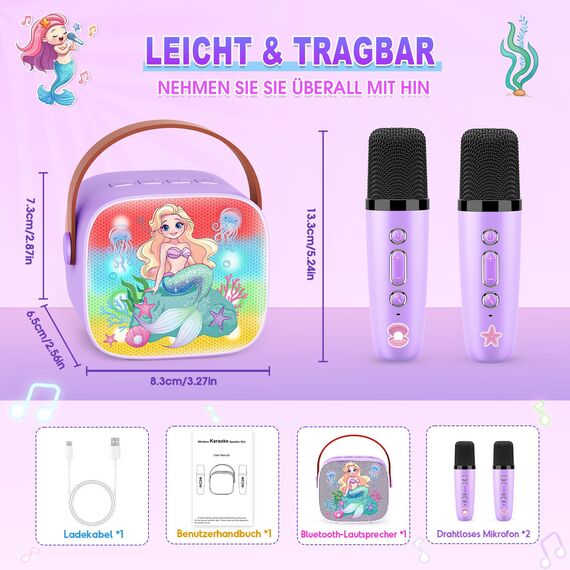 Dislocati Karaoke Maschine Kinder mit 2 Bluetooth Mikrofon, Meerjungfrauen Geschenke Spielzeug ab 3-12 Jahre Mädchen Tragbarer Karaoke Anlage mit 2 Mikrofonen Microphone Bluetooth Kinder
