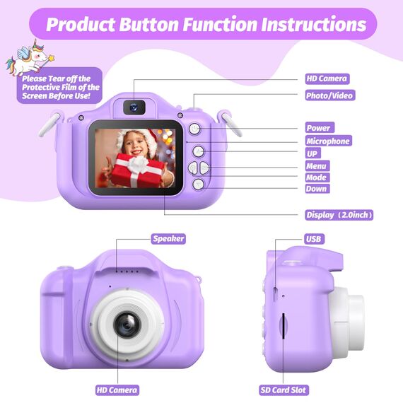 HOOMOON Dinosaurier Kamera für Kinder, Selfie-Kamera, Spielzeug, Mädchen, Jungen, SD-Karte 32 GB, HD-Videorekorder 1080p, Weihnachtsgeburtstagsgeschenke für 3 4 5 6 7 8 9 10 Jahre