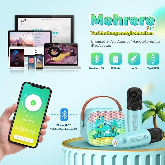 Dislocati Geschenk Junge 3-12 Jahre, Karaoke Maschine mit 2 Bluetooth Kindermikrofon Spielzeug ab 3-12 Jahre Junge Bluetooth Mikrofon Karaoke Oster Geschenke für Kinder Dinosaurier Spielzeug