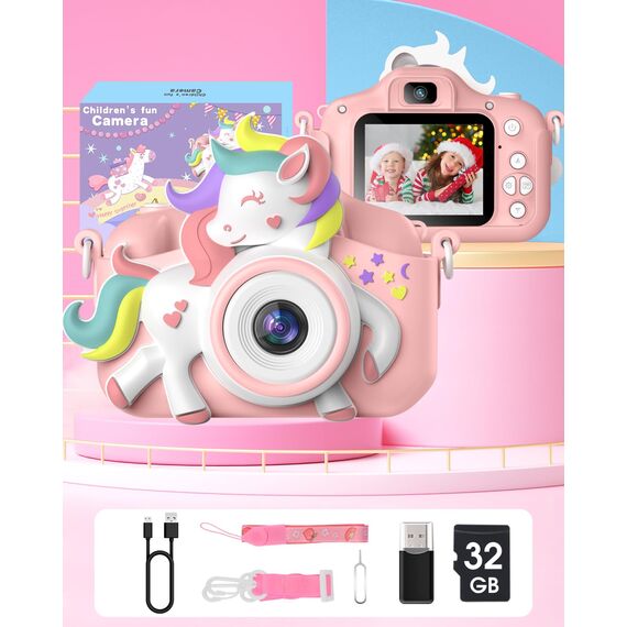 Kinderkamera, Gofunly Kinder Kamera 1080P 2,0-Zoll-Bildschirm Selfie Digitalkamera mit 32GB-Karte für 3-12 Jahre Jungen Mädchen Geburtstagsgeschenk Weihnachten Spielzeug Rosa-Weißes Pferd