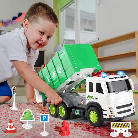 Anby families Müllauto Spielzeug, Lastwagen Müllwagen Spielzeug mit Sound und Licht und Mülltonne, Fahrzeuge Spielzeug Geschenk für Kinder Jungen Mädchen 3 4 5 6 Jahre…