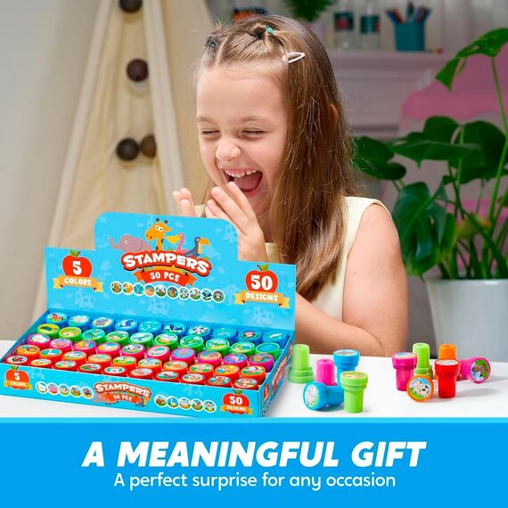 JOYIN 50 Stück mini Stempel Kinder ab 3 Jahre,Selbstfärbende Stempel Tiere Set mit 5 Farben,50 Tieres, Kleine Geschenke für Kinder, Adventskalender Mitgebsel Kindergeburtstag Gastgeschenke