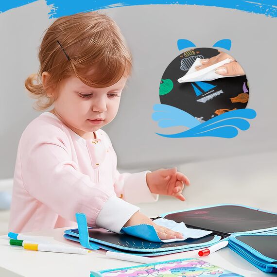 Abwischbares Malbuch für Kinder, Spiele ab 2-3-4-5-6 jahre Kinder, Malset Geschenk Mädchen/Junge, Doodle Pad mit 12 Farbstiften, 14 Seiten (Wal)
