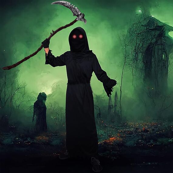 Halloween Kostüm Gruselig Sensenmann Kostüm Kinder mit Sense,Masken,Handschuhe - Kinderkostüm Sensenmann Jungen Reaper Halloween Kostüm für Kinder Karnevals Cosplay(L:10–12 Jahre)