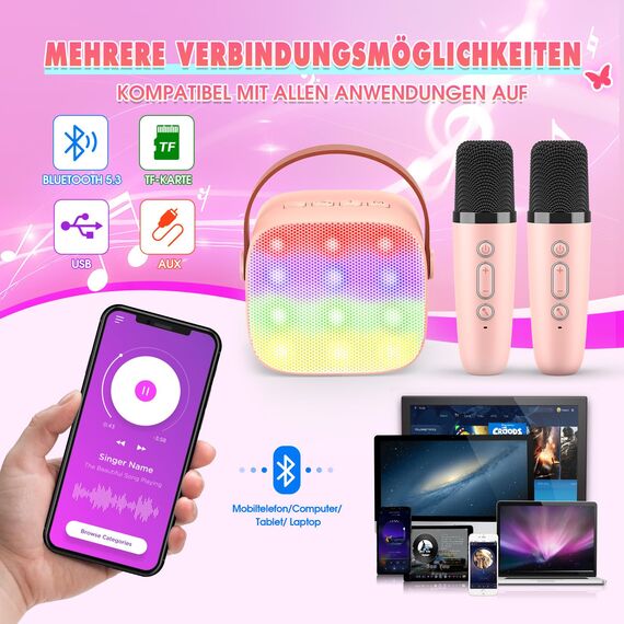 Dislocati Karaoke Maschine mit 2 Bluetooth Mikrofon, Mädchen Spielzeug für 3-12 Jahre Tragbarer Karaoke Microphone Set für Kinder und Erwachsene mit DSP & LED-Lichtern Ostern Geschenke Kinder