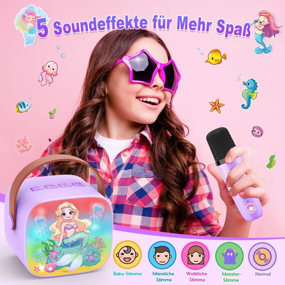 Dislocati Karaoke Maschine Kinder mit 2 Bluetooth Mikrofon, Meerjungfrauen Geschenke Spielzeug ab 3-12 Jahre Mädchen Tragbarer Karaoke Anlage mit 2 Mikrofonen Microphone Bluetooth Kinder
