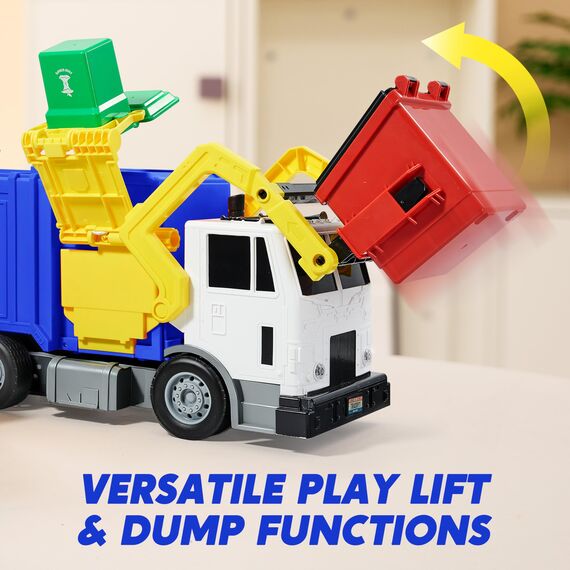 JOJOYIN Großer, reibungsbetriebener Müllwagen-Spielzeugset, inklusive 1 Müllcontainer, 3 Mülleimern und 30 Lernkarten für Kinder, Blau