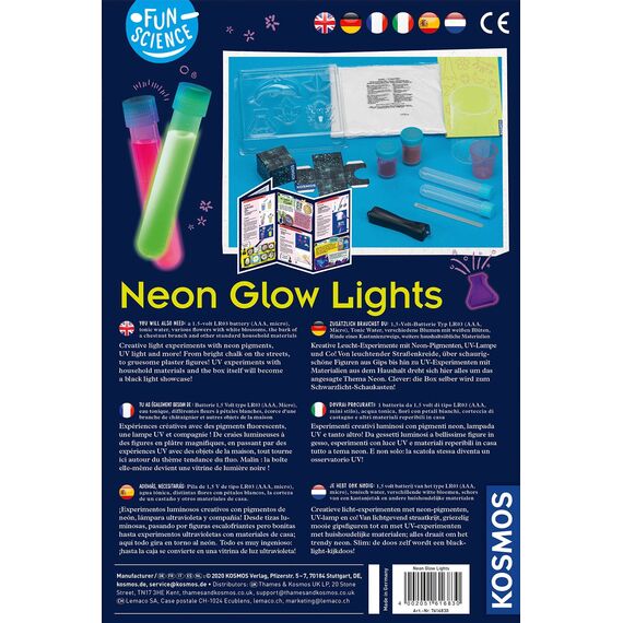 KOSMOS 616830 Fun Science Glow Lights, Neon-Leuchten, Kreative Experimente im Schwarzlicht, Experimentier Set für Kinder mit mehrsprachiger Anleitung (DE, EN, FR, IT, ES, NL)