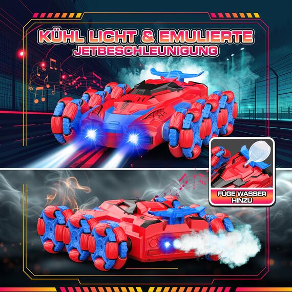 Dreamlania 6WD Ferngesteuertes Auto ab 3 4 5 6 7 8 Jahre, Monstertruck Spielzeug, RC Auto Ferngesteuert mit LED Licht, Musik Spray, Weihnachten Ostergeschenke für Kinder Junge 3-12 Jahre