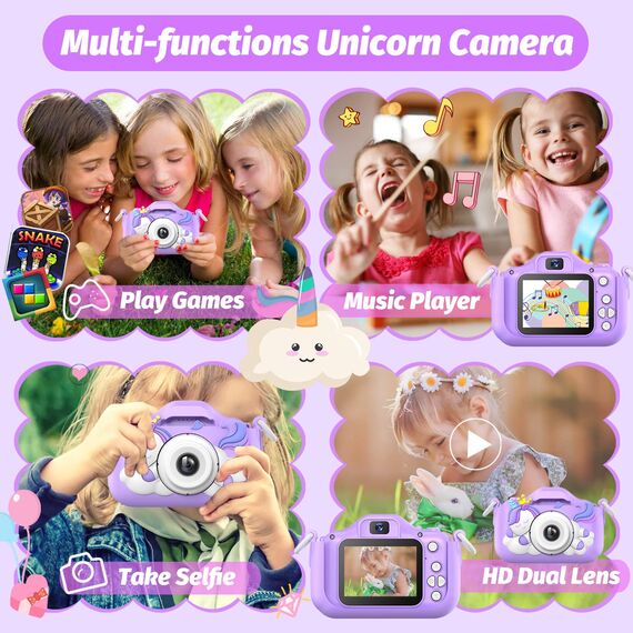 HOOMOON Dinosaurier Kamera für Kinder, Selfie-Kamera, Spielzeug, Mädchen, Jungen, SD-Karte 32 GB, HD-Videorekorder 1080p, Weihnachtsgeburtstagsgeschenke für 3 4 5 6 7 8 9 10 Jahre