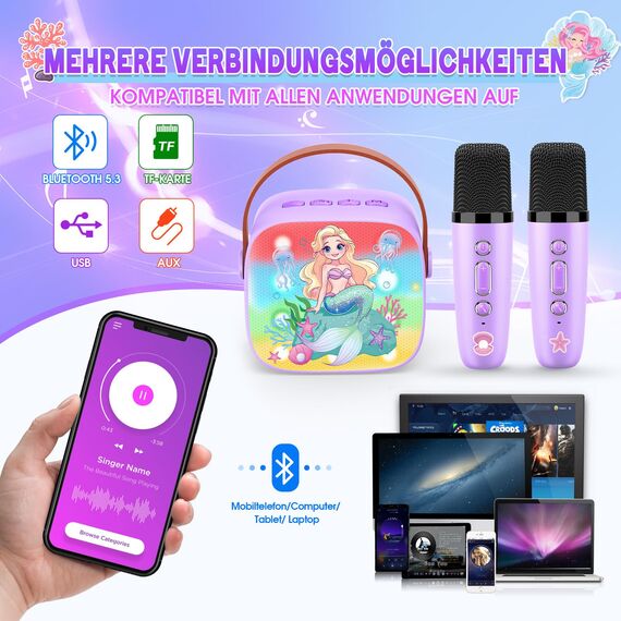 Dislocati Karaoke Maschine Kinder mit 2 Bluetooth Mikrofon, Meerjungfrauen Geschenke Spielzeug ab 3-12 Jahre Mädchen Tragbarer Karaoke Anlage mit 2 Mikrofonen Microphone Bluetooth Kinder