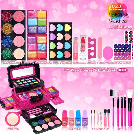 Kinderschminke Set - 57-teiliges Make-Up Set für Mädchen, Schminkkoffer Spielzeug, Halloween Weihnachts Geburtstagsgeschenke für Kinder 4-12 Jahre