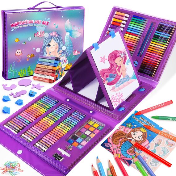 HappyGoLucky Geschenk Mädchen 4 5 6 7-10 jahre, Malset für Kinder Coole Sachen für Teenager Mädchen Buntstifte Set Wachsmalstifte Malkasten Sachen für Mädchen Meerjungfrau Spielzeug ab 4-12 jahre