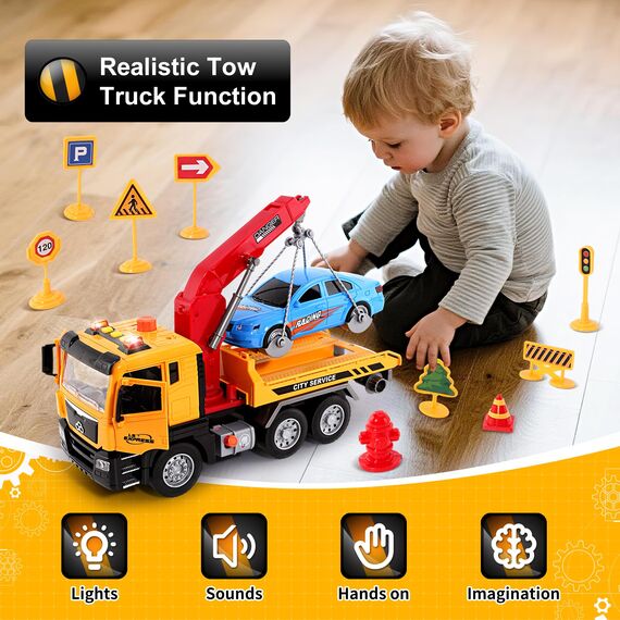 BunnyJOY Abschleppwagen Spielzeug ab 3 4 5 6 Jahre Junge, Licht und Sound, Reibungsbetriebenes Abschleppfahrzeug für Kinder, LKW Spielzeugautos Fahrzeuge, Geschenk für Kinder Mädchen