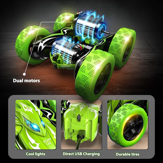 Ferngesteuertes Auto, 2,4GHz RC Auto Spielzeug ab 3-9 Jahre Junge, 360° Flip, Drehbare, LED Blinken, 4WD Monstertruck Ferngesteuert Auto mit Fernbedienung, Weihnachten Ostergeschenke für Kinder