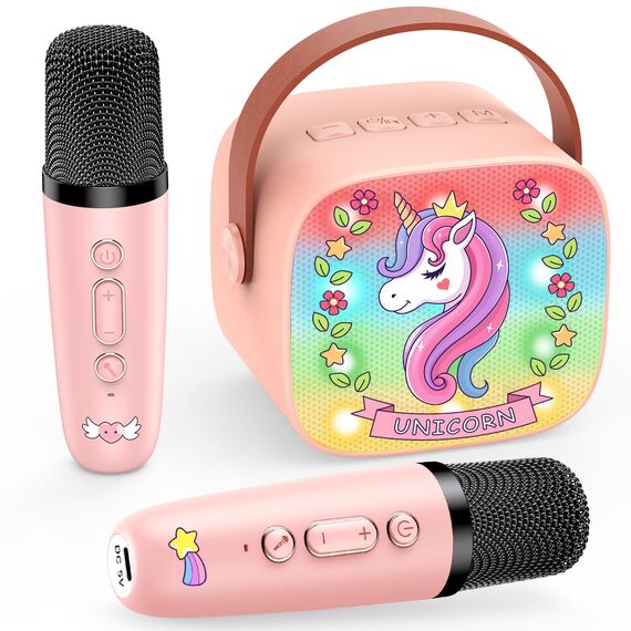 Dislocati Karaoke Maschine mit 2 Bluetooth Mikrofon Kinder, Einhorn Geschenke für Mädchen 3-12 Jahre Tragbarer Karaoke Mikrofon Ostergeschenke Kinder Spielzeug ab 3-12 Jahre Mädchen Microphone