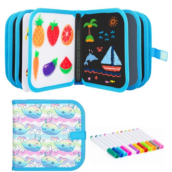 Abwischbares Malbuch für Kinder, Spiele ab 2-3-4-5-6 jahre Kinder, Malset Geschenk Mädchen/Junge, Doodle Pad mit 12 Farbstiften, 14 Seiten (Wal)