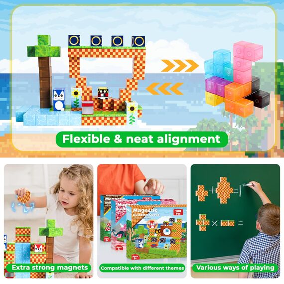 Adventskalender 2024, 100 Stück magnetische Bausteine mit magnetischen Würfeln, STEM Building Montessori, sensorisches Spielzeug, Geschenke für Kinder, Jungen, Mädchen, Alter 3, 4, 5, 6, 7, 8, 9, 10,