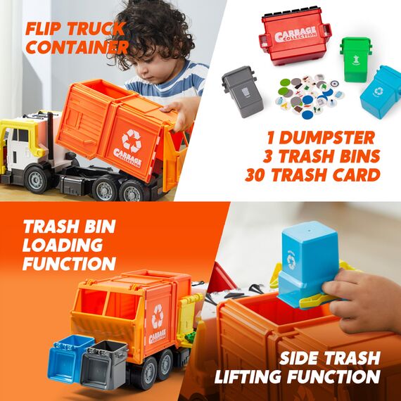 JOYIN Müllauto Spielzeug mit Lichtern und Sound,40cm Großer Müllwagen Spielzeug ab 3 4 5 6 7 Jahre,Müllabfuhr Auto Kinder mit Frontlader-Mülltonne, 3 seitlichen Mülleimern mit 30 Stück (orange)