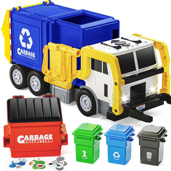JOJOYIN Großer, reibungsbetriebener Müllwagen-Spielzeugset, inklusive 1 Müllcontainer, 3 Mülleimern und 30 Lernkarten für Kinder, Blau