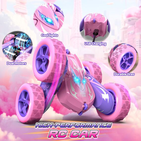 Ferngesteuertes Auto, 2,4GHz RC Auto Weihnachten Geschenk Mädchen 3-9 Jahre, 360° Flip, Drehbare, LED, 4WD Monstertruck Ferngesteuert, Einhorn Spielzeug ab 4-12 Jahre Mädchen Ostergeschenke Kinder