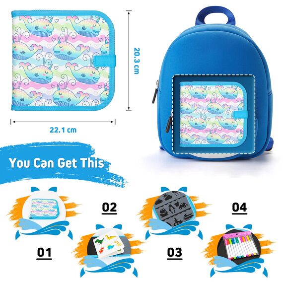 Abwischbares Malbuch für Kinder, Spiele ab 2-3-4-5-6 jahre Kinder, Malset Geschenk Mädchen/Junge, Doodle Pad mit 12 Farbstiften, 14 Seiten (Wal)