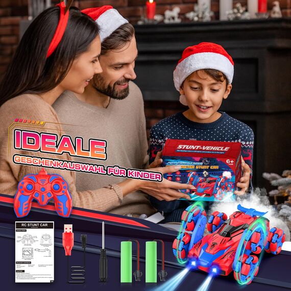 Dreamlania 6WD Ferngesteuertes Auto ab 3 4 5 6 7 8 Jahre, Monstertruck Spielzeug, RC Auto Ferngesteuert mit LED Licht, Musik Spray, Weihnachten Ostergeschenke für Kinder Junge 3-12 Jahre