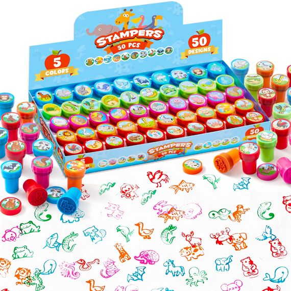 JOYIN 50 Stück mini Stempel Kinder ab 3 Jahre,Selbstfärbende Stempel Tiere Set mit 5 Farben,50 Tieres, Kleine Geschenke für Kinder, Adventskalender Mitgebsel Kindergeburtstag Gastgeschenke