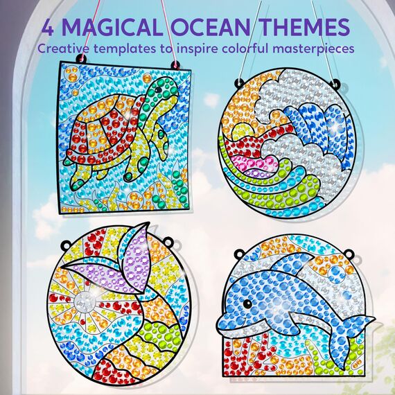 Klever Kits Suncatcher Fenster Bastelsets für Kinder,Geschenke für Mädchen 6 7 8 9 10 11 12 Jahre,DIY Diamant Malset Spielzeug,Basteln Mädchen Painting Set,Kreative Ozean Geschenke(4 Themen)