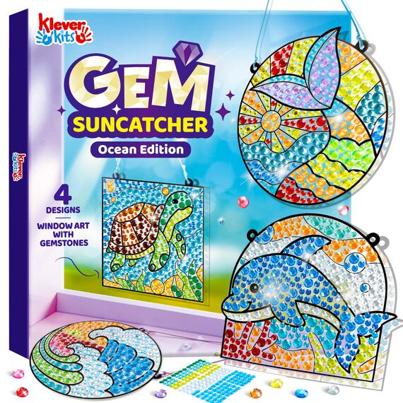 Klever Kits Suncatcher Fenster Bastelsets für Kinder,Geschenke für Mädchen 6 7 8 9 10 11 12 Jahre,DIY Diamant Malset Spielzeug,Basteln Mädchen Painting Set,Kreative Ozean Geschenke(4 Themen)