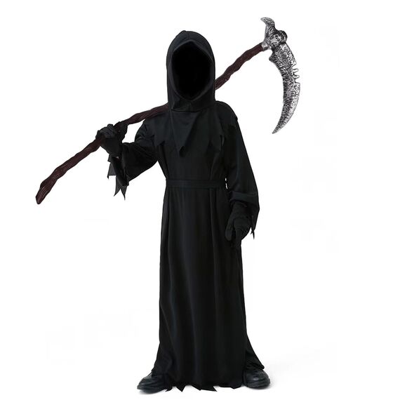 YIMOJOY Halloween Kostüm Gruselig Sensenmann Kostüm Kinder mit Sense,Masken,Handschuhe - Kinderkostüm Sensenmann Jungen Reaper Halloween Kostüm für Kinder Karnevals Cosplay(S:5–7 Jahre)