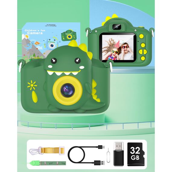 Kinderkamera, Gofunly Kinder Kamera 1080P 2,0-Zoll-Bildschirm Selfie Digitalkamera mit 32GB-Karte für 3-12 Jahre Jungen Mädchen Geburtstagsgeschenk Weihnachten Spielzeug Grün Dinosaurier