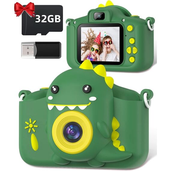 Kinderkamera, Gofunly Kinder Kamera 1080P 2,0-Zoll-Bildschirm Selfie Digitalkamera mit 32GB-Karte für 3-12 Jahre Jungen Mädchen Geburtstagsgeschenk Weihnachten Spielzeug Grün Dinosaurier