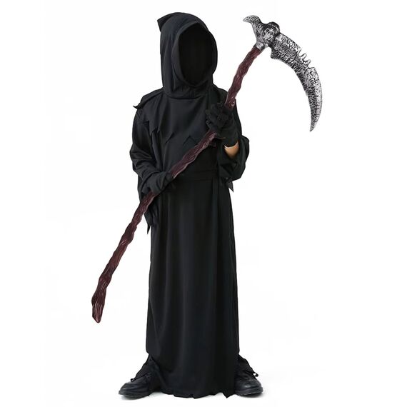 Halloween Kostüm Gruselig Sensenmann Kostüm Kinder mit Sense,Masken,Handschuhe - Kinderkostüm Sensenmann Jungen Reaper Halloween Kostüm für Kinder Karnevals Cosplay(L:10–12 Jahre)