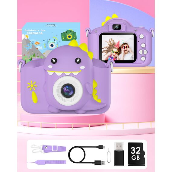 Kinderkamera, Gofunly Kinder Kamera 1080P 2,0-Zoll-Bildschirm Selfie Digitalkamera mit 32GB-Karte für 3-12 Jahre Jungen Mädchen Geburtstagsgeschenk Weihnachten Spielzeug Lila Dinosaurier