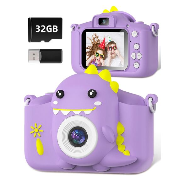 Kinderkamera, Gofunly Kinder Kamera 1080P 2,0-Zoll-Bildschirm Selfie Digitalkamera mit 32GB-Karte für 3-12 Jahre Jungen Mädchen Geburtstagsgeschenk Weihnachten Spielzeug Lila Dinosaurier